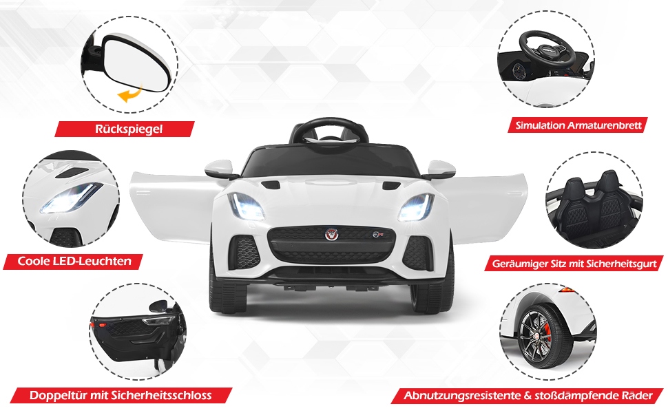 Дитячий електромобіль Jaguar Costway, 12V, з пультом, музикою, фарами, білий, для дітей від 3 років
