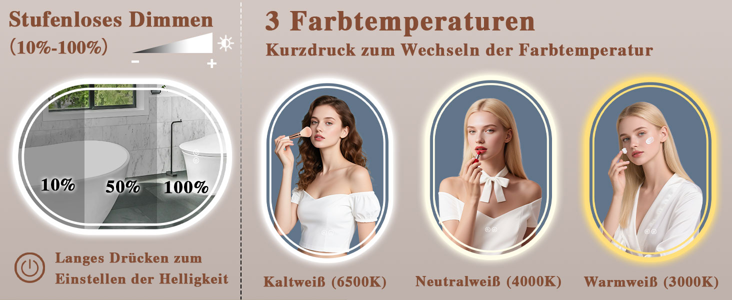 LED дзеркало для ванної кімнати Badspiegel з підсвічуванням, антизапар, сенсорне керування, регулювання яскравості, 3 кольори світла, овальне, 50x70 см