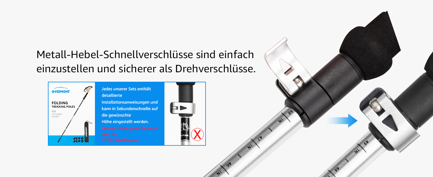 Туристичні палиці Overmont Карбон, надлегкі складні регульовані 105-125 см трекінгові палиці Палиці для скандинавської ходьби 1 пара з усіма аксесуарами для місцевості (7075 Алюміній, Сірий)