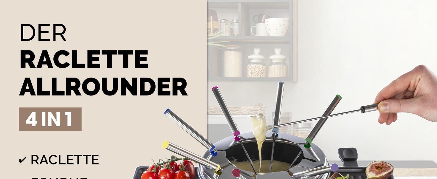 GOURMETmaxx Ракуле-Фондю 2-в-1 на 8 осіб | Ракуле-Фондю комбінація з 8 сковородами, лопатками та виделочками | Ідеально для вечірок | Ракуле та Фондю для 8 осіб