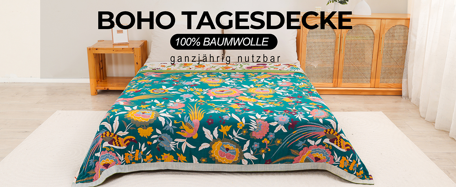 Плед Boho з 100% бавовни, стиль кантрі, 150x200 см, гранатовий колір. Плед на диван та ліжко з квітковим візерунком (квіти, птахи)