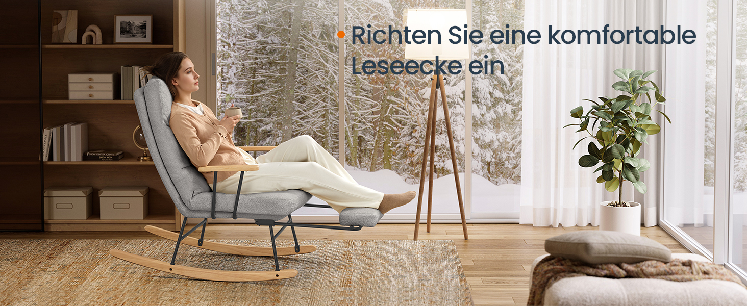 Крісло-гойдалка SONGMICS HOME з дерева каучука, з флісовою оббивкою, регульована спинка, до 160 кг, сірий (LYY016LJ01)