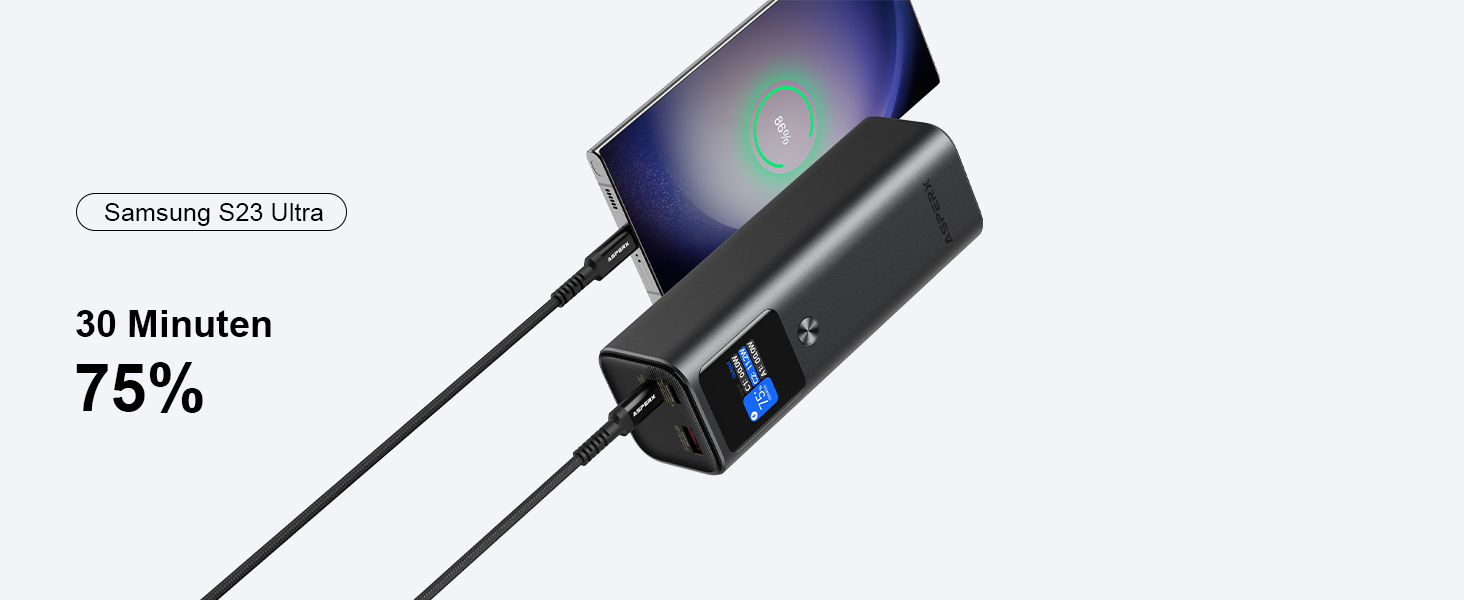 Power Bank AsperX 20000mAh, 165W, 2x USB-C 100W, Алюмінієвий Корпус, Вбудований Кабель 60см, TFT-Дисплей, для iPhone, MacBook, Samsung