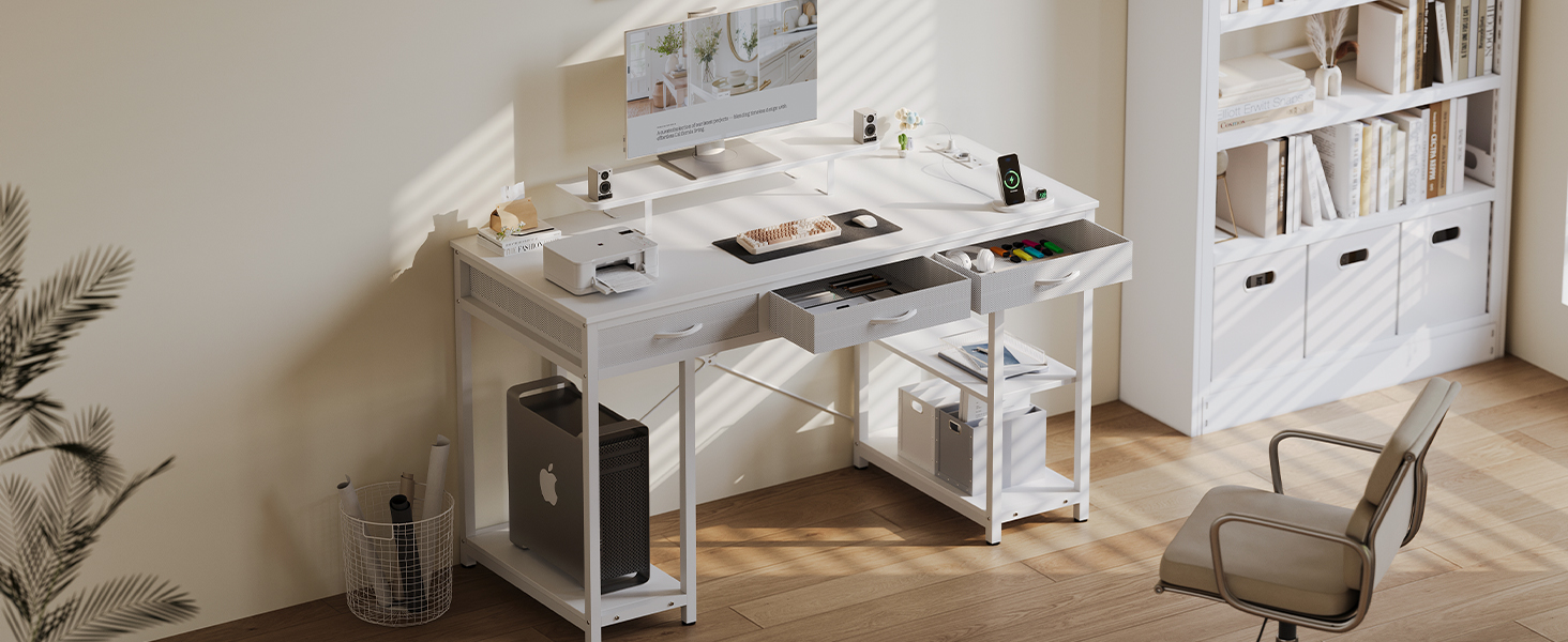 Комп'ютерний стіл Claiks з 3 шухлядами, 120 x 60 см, з полицею, 2 розетки та 2 USB-порти, для офісу та дому, білий