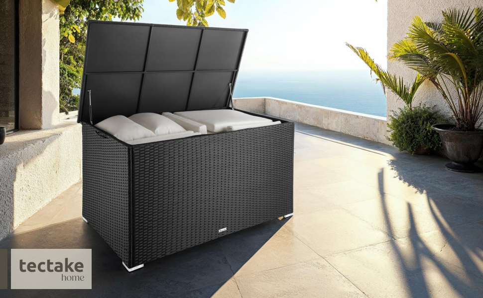 Скриня для зберігання садових речей Tectake з алюмінію та ротангу, 750л, чорна - водонепроникна, з газовими амортизаторами, стійка до УФ-випромінювання та іржі (145x82,5x79,5 см)