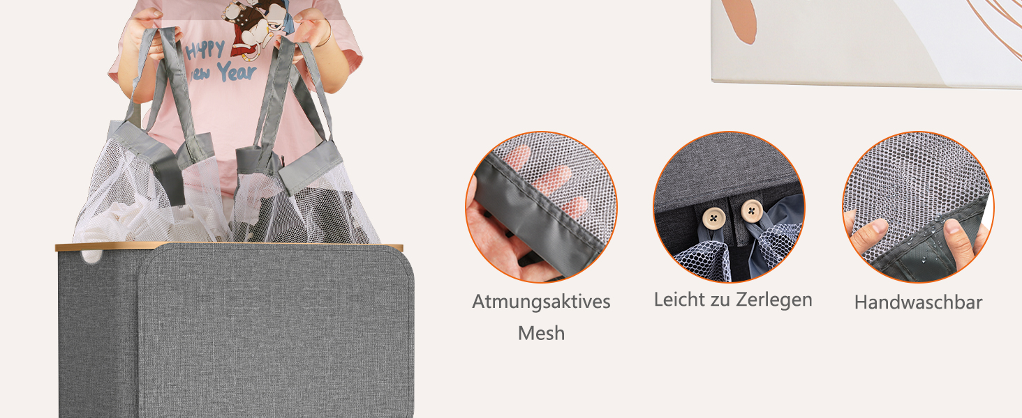 Кошик для білизни з кришкою, вузький, з бамбуковими ручками та внутрішньою кишенею, складаний, портативний, 148л, темно-сірий