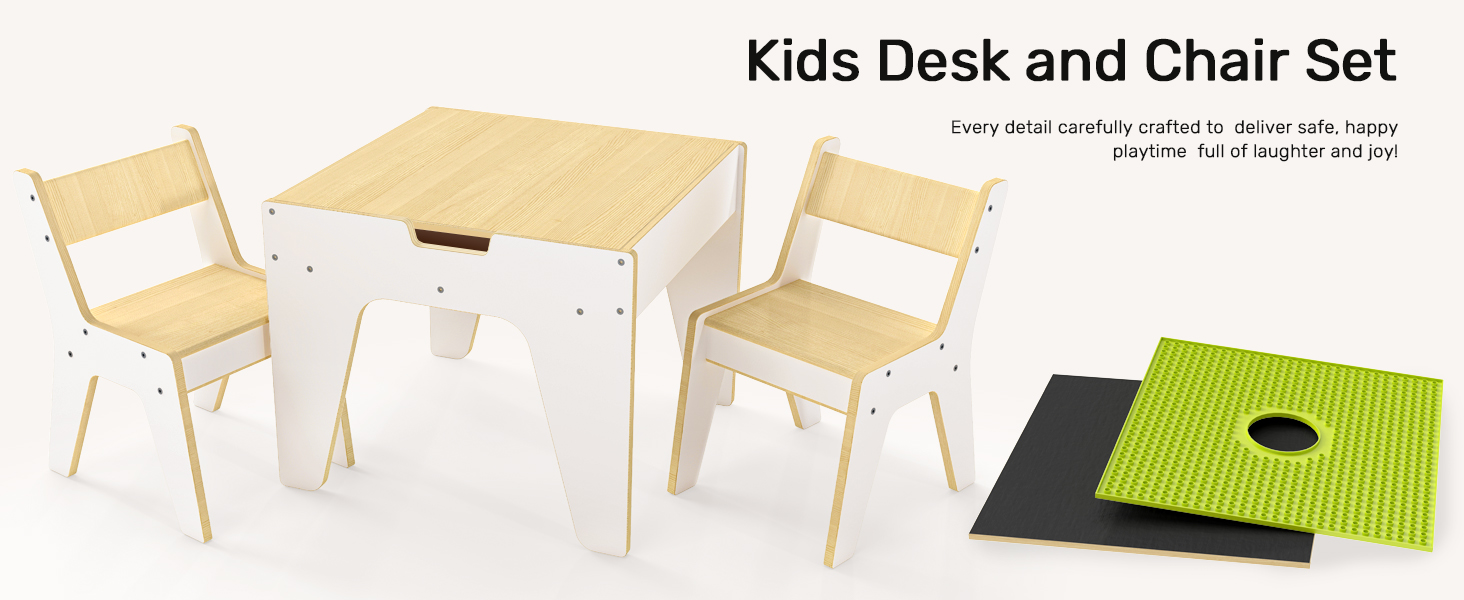 Дерев'яний дитячий набір меблів Wingyz 4-в-1: стіл, 2 стільці, стіл з місцем для зберігання. Ідеально для малювання, ігор та активностей.
