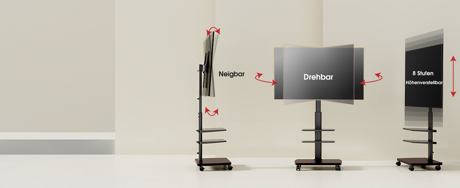 Підставка для телевізора мобільна з поличками Holz, 32-65 дюйми, чорна, VESA 400x400, до 40 кг