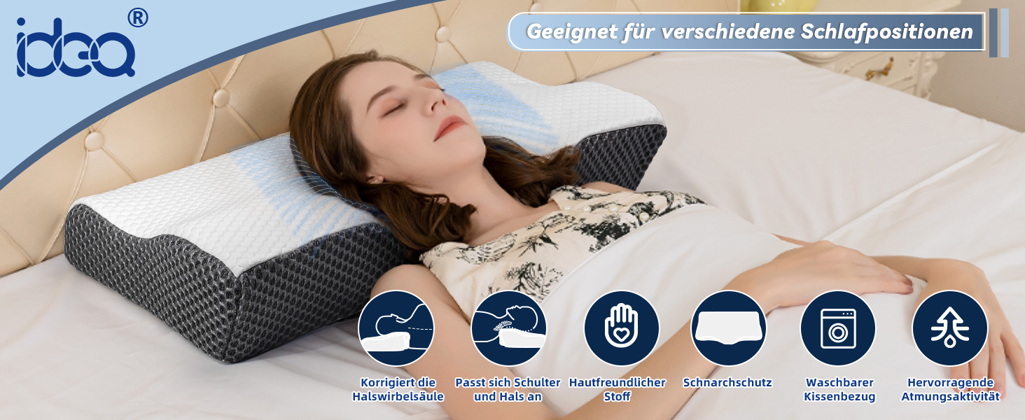 Ортопедична подушка для шиї IDEA з Memory Foam - для сну на боці, спині та животі, проти болю в шиї, 62x34.5x12/8 см