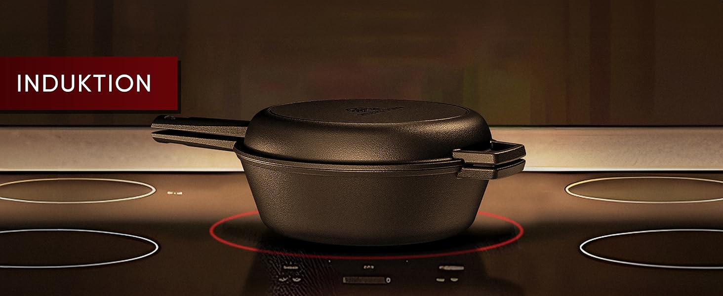 Нідерландський горщик 2в1 з чавуну 4.8л & сковорода з чавуну 1.8л - Набір нідерландського горщика з подвійною функцією - з кулінарною книгою та аксесуарами для барбекю, кемпінгу та кухні - 30 років гарантії (2в1 сковорода)