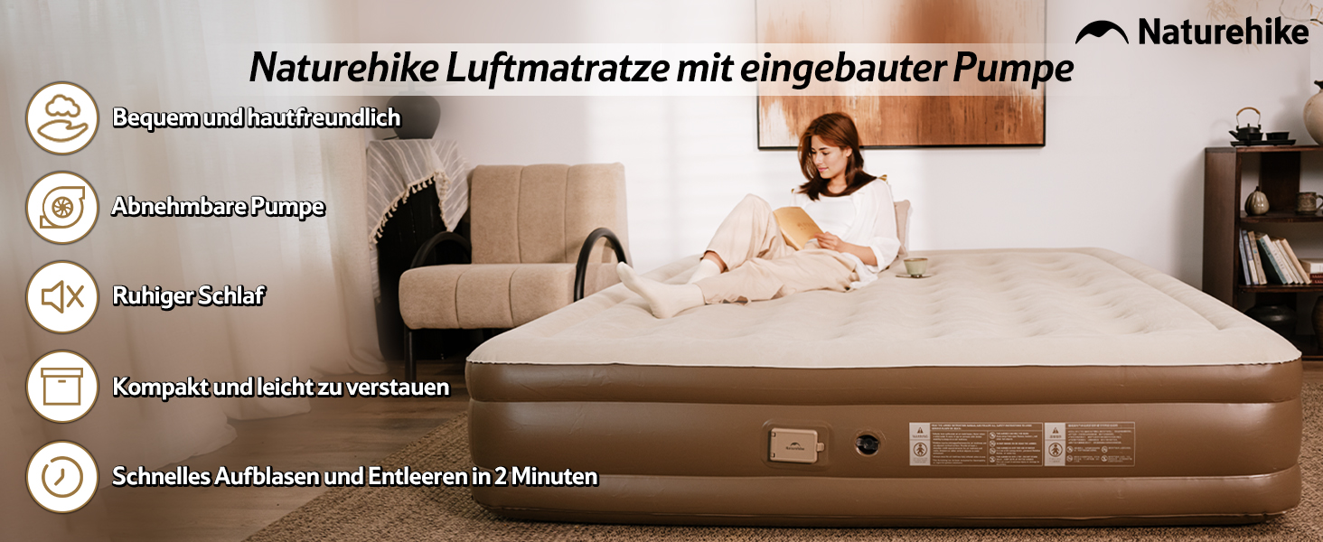 Надувний матрац Naturehike 2 особи, самонадувний з акумуляторним насосом, 198x152x45 см для кемпінгу та дому, легкий, зручний, швидко надувається