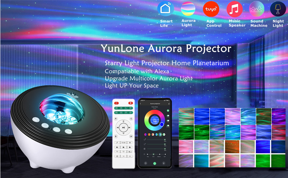 Нічний проектор Aurora LED Starry Sky Galaxy з музикою, пульт дистанційного керування/додаток, 48 кольорів L02