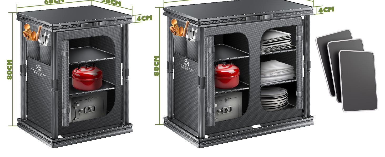 Кемпінгова кухня KESSER®: розкладний шафка 84x80 см з алюмінієвим каркасом, 6 відділень (вкл. набір з 4 кухлі), бокові кишені та москітна сітка. Чорний, з UV-стійкої тканини.