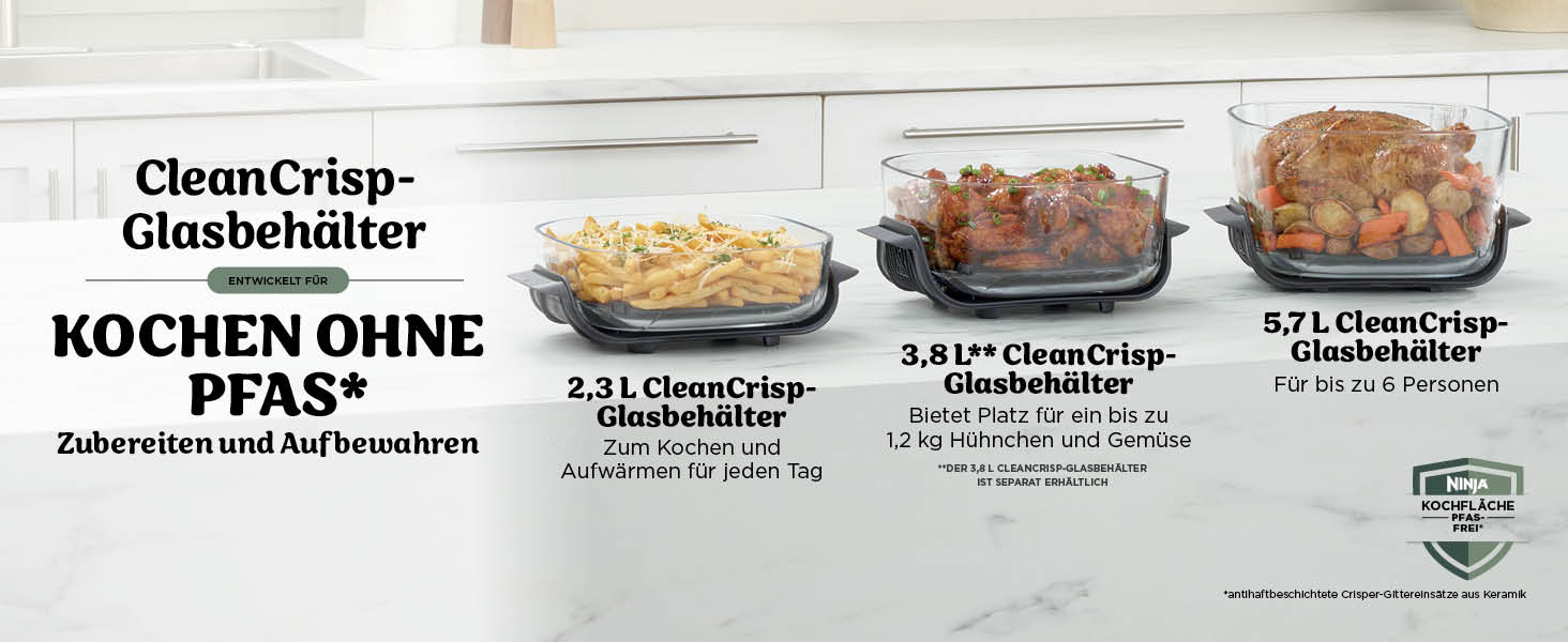 Скляна аерофритюрниця Ninja CRISPi PRO XL Air Fryer з 5 функціями, контейнерами CleanCrisp (5,7 л та 2,3 л) та кришкою для зберігання, колір моховий зелений, AS090EUGN