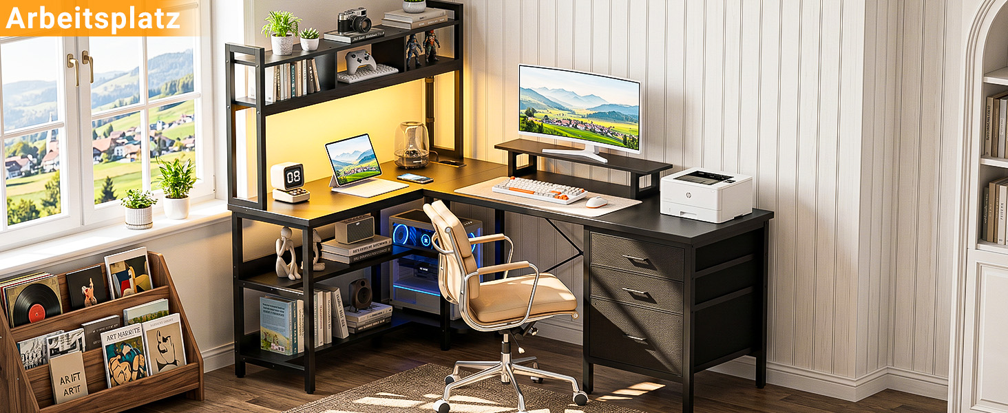 Кутовий L-подібний письмовий стіл Homieasy 150 см з LED-підсвіткою, шухлядою, USB та Type-C розетками, підставкою для монітора та полицею А4, чорний, МДФ