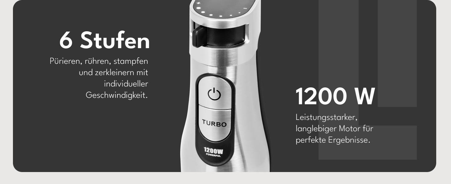 LEBENLANG Преміум блендер занурювальний 1200W - набір 6 предметів з аксесуарами та захистом від бризок | Регулювання швидкості, турборежим, нержавіюча сталь