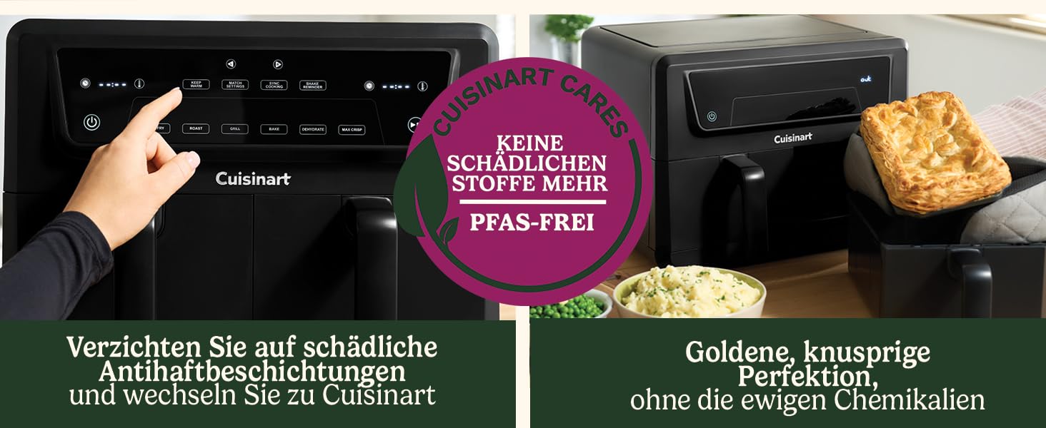 Фритюрниця Cuisinart XXL 10.4L з двома зонами, без PFAS та хімікатів. Брати, смажити, запікати, дегідратувати та підтримувати тепло. 2 камери (2 x 5.2L), 8+ порцій. Деталі придатні для миття в посудомийній машині. Чорний колір.