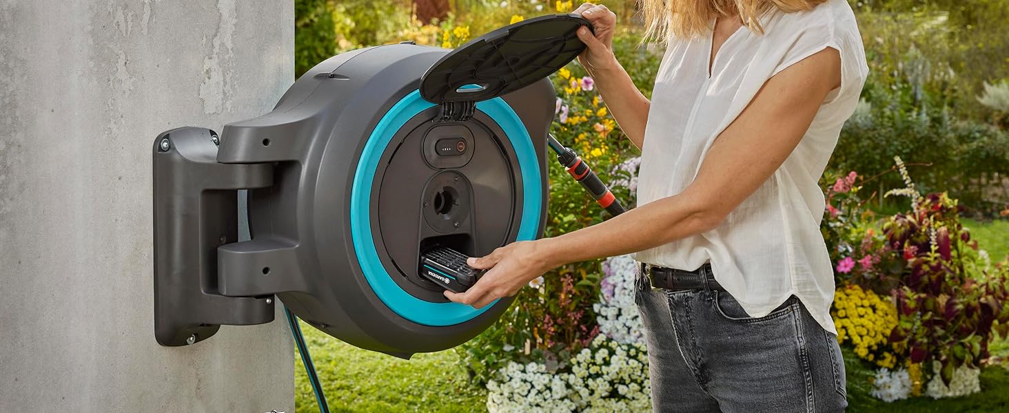 Gardena PowerRoll XXL Solo: Автоматичний шланг-намотувач 40м з акумулятором, бірюзовий (18645-55)
