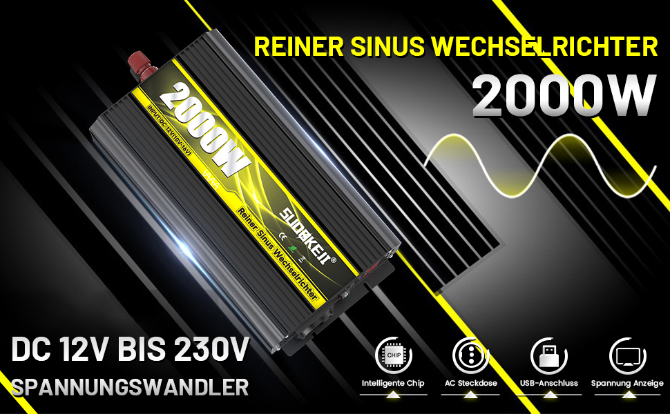 Перетворювач напруги SUDOKEJI 1500 Вт/3000 Вт чистий синусоїдальний інвертор 12 В до 230 В розетка ЄС з РК-екраном і пультом дистанційного керування, порт USB для автомобілів, вантажівок, кемпінгу, аварійної побутової техніки (12 В, 2000 Вт)