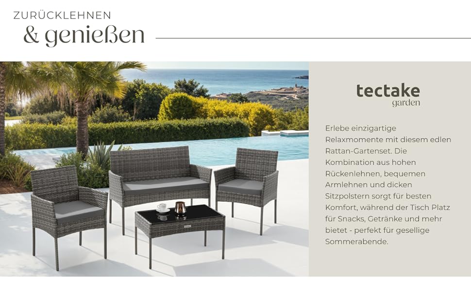 Набір садово-розкладних меблів tectake® з ротангу: банкетка, 2 крісла, столик, подушки, для балкона/тераси (сірий)