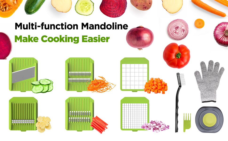 Ручний овочевий слайсер-мандоліна з 6 лезами та контейнером 3.3L - професійний овочевий слайсер з захистом рук, багатофункціональний, для слайсів, жульєну та подрібнення цибулі, чорно-зелений