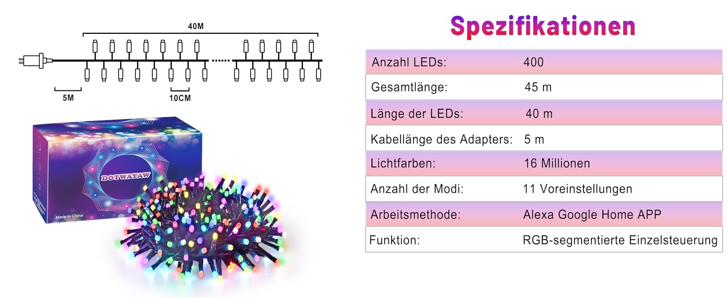 DOTWAYAW Гірлянда світлодіодна святкова 40м, 400 LED, RGB, Wi-Fi, керування через додаток
