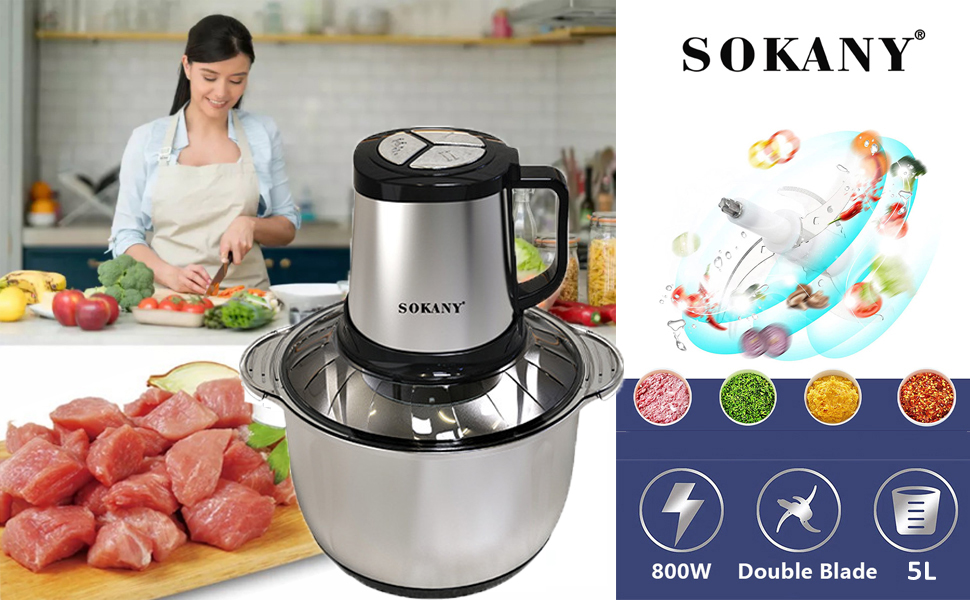 М'ясорубка-подрібнювач SOKANY SK-7015 800W електричний з чашею 3л з нержавіючої сталі, 2 швидкості, для м'яса, овочів, фруктів