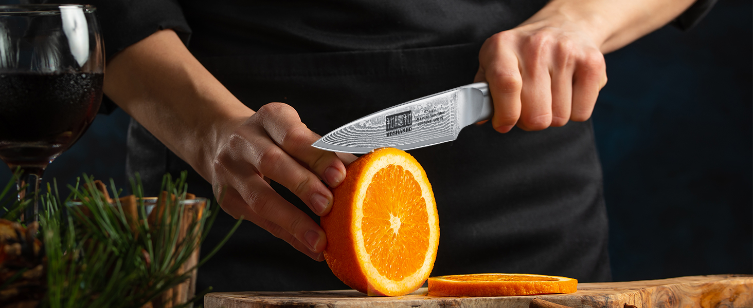 Японський ніж HOSHANHO з дамаської сталі 20 см, 67 шарів, кухонний ніж для приготування їжі, гострий, з ергономічною ручкою оливкового кольору (9.5 см), ніж для очищення