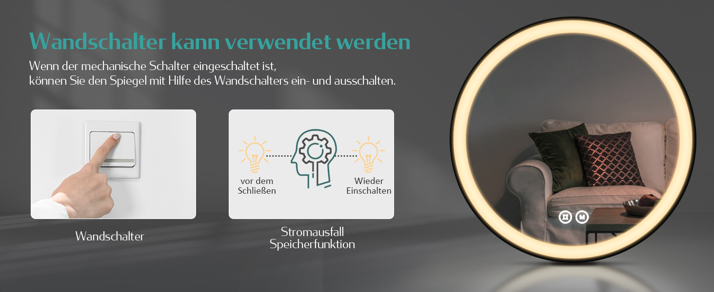 Круглий дзеркало для ванної кімнати EMKE з підсвічуванням 50 см, 3 кольори, диммування, антизапар, пам'ять, сенсорне керування, таймер 3 години, енергозбереження