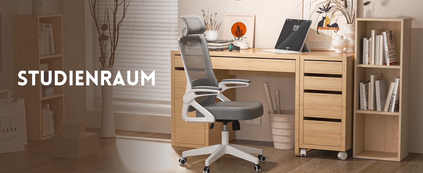 Ергономічне крісло для офісу та геймінгу, широке сидіння, регульовані підлокітники, біло-сіре, 90° підйом підлокітників