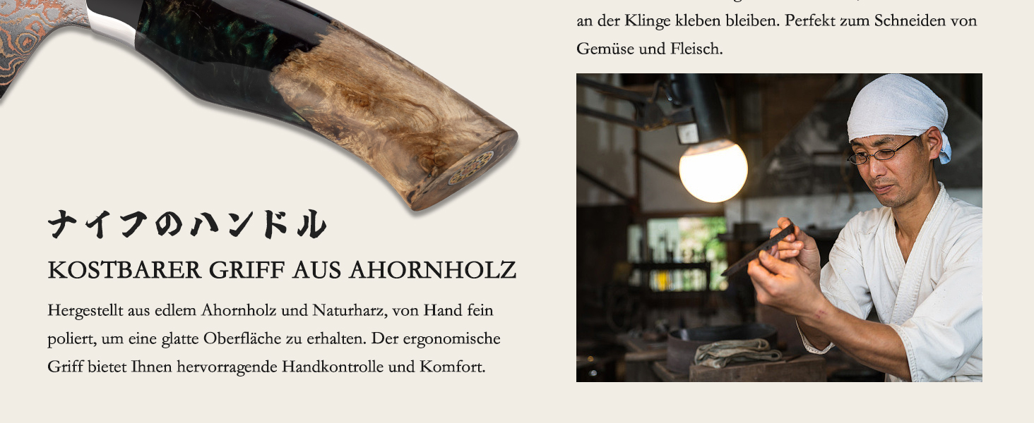 Набір кухонних ножів SHAN ZU Venus: професійний кухонний ніж з дамаської сталі (33 шари) та мідною ручкою, 20 см. (18 см Nakiri)