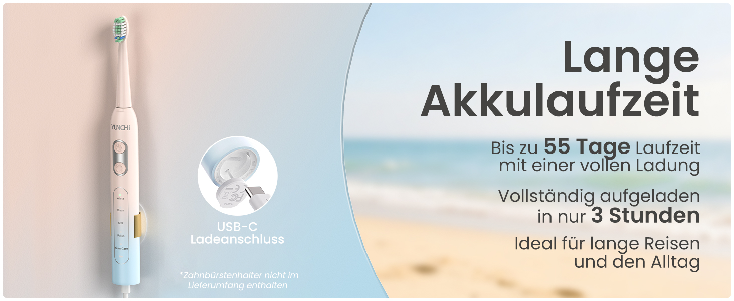 Електрична зубна щітка YUNCHI з USB-C зарядкою, 5 режимів, 8 насадок, для дорослих та дітей, блакитна