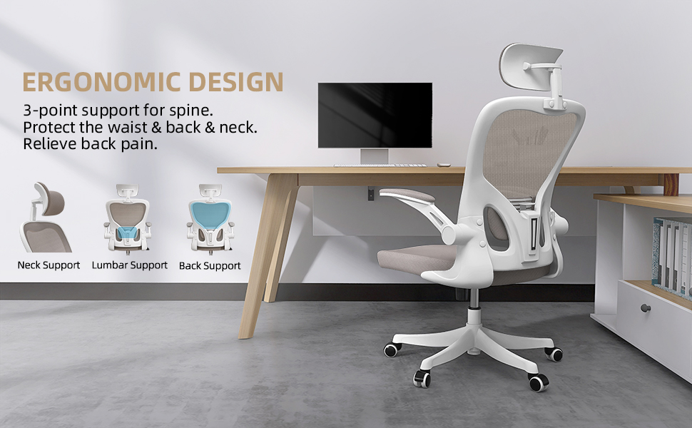 Офісний стіл Monhey: ергономічний крісло з регулюванням висоти, поворотне, з відкидними підлокітниками, дихаюча сітка, регульована підголовник та інтелектуальна підтримка попереку – для дому та офісу (01beige)