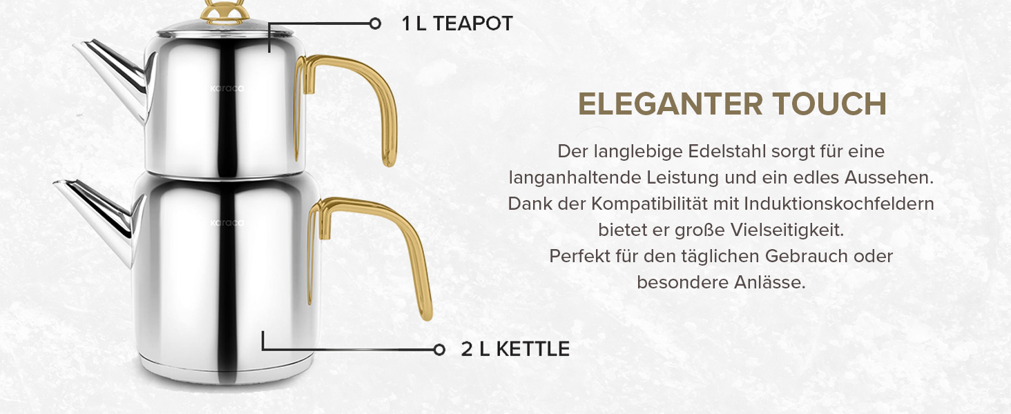 Набір для заварювання чаю Karaca New Mira Gold: чайник 1л та чайник-самовар 2л з нержавіючої сталі, індукційний, для турецького чаю