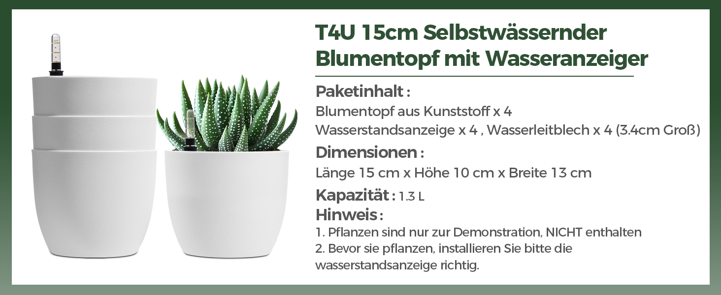 Набір горщиків для квітів T4U 15 см з автополивом та індикатором рівня води (4 шт.) - білий