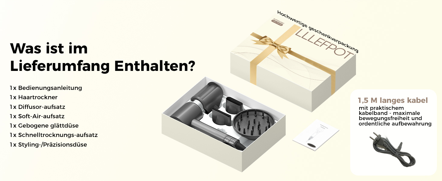 Фен для волосся з дифузором та 5 насадками для стайлінгу, іонізація, безщітковий мотор 1600 Вт, низький рівень шуму, сірий