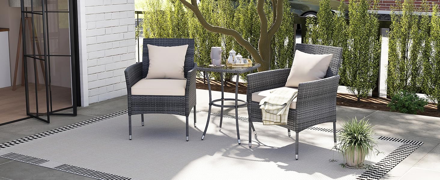 Набір садових меблів GIANTEX для балкона: стіл та 2 стільці з ротангу, комплект на 2 особи, з подушками (бежевий)