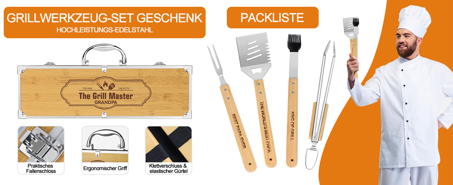 Набір барбекю Papa Geschenke: 4 шт. з нержавіючої сталі, аксесуари для гриля, подарунок для чоловіків, день народження, преміум-якість, набір інструментів для гриля в кейсі для саду та кемпінгу
