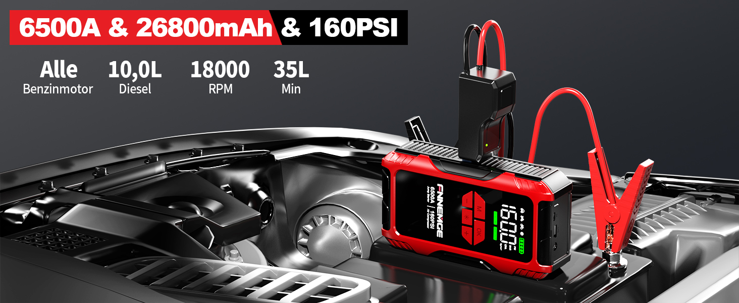 Пусковий пристрій (бустер) FNNEMGE 26800mAh 6500A з компресором 160PSI для авто (бензин та дизель до 10.0л), LCD-дисплей, LED-ліхтарик
