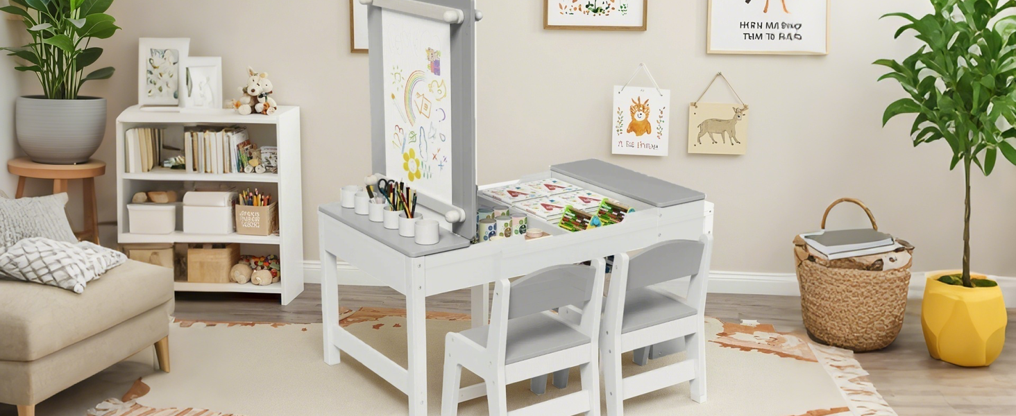 Дитячий стіл MAMIZO з 2 стільцями: дерев'яний стіл для ігор з місцем для зберігання, комплект меблів для дітей 3+ (сірий)