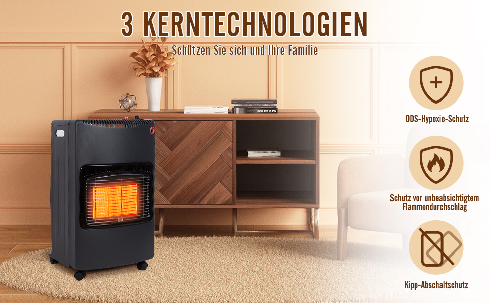 Газовий обігрівач Todeco 4200W з керамічним нагрівачем, чорний колір, 3 режими нагріву, з регулятором тиску, шлангом, для балконів та добре провітрюваних приміщень