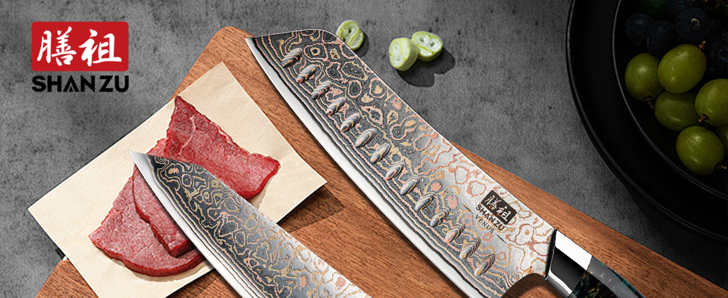 Набір кухонних ножів SHAN ZU Venus: 3 шт., 20 см, дамаск, ручка з міді, сталь 33 шари, ручна робота, японський кухонний ніж для професіоналів