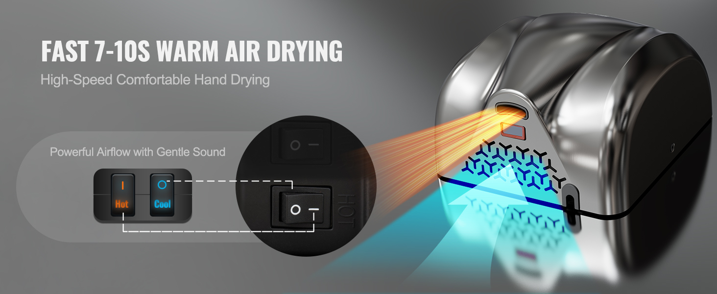 Електричний сушар для рук VEVOR 1300W з HEPA-фільтром - швидка сушка 7-10с, для кухні, ванної, туалету