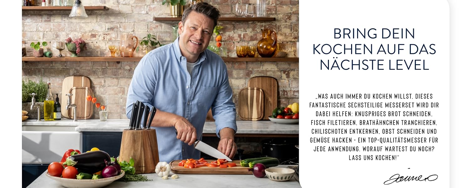 Набір кухонних ножів Jamie Oliver від Tefal з підставкою, 6 предметів: кухонний, сантоку, для хліба, універсальний та ніж для чищення, сталь з криозагартуванням, блок з акації, коричневий, K267S556