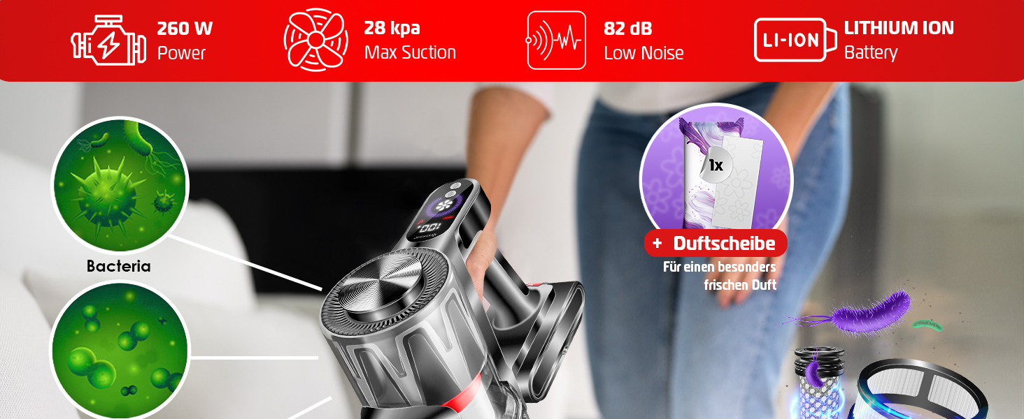 Бездротовий акумуляторний пилосос KESSER® з LED дисплеєм та аромакапсулою | Бездротовий пилосос без мішка з антизаплутаною насадкою, HEPA-фільтром, час роботи до 60 хвилин, для твердих поверхонь та килимів, чорний/червоний