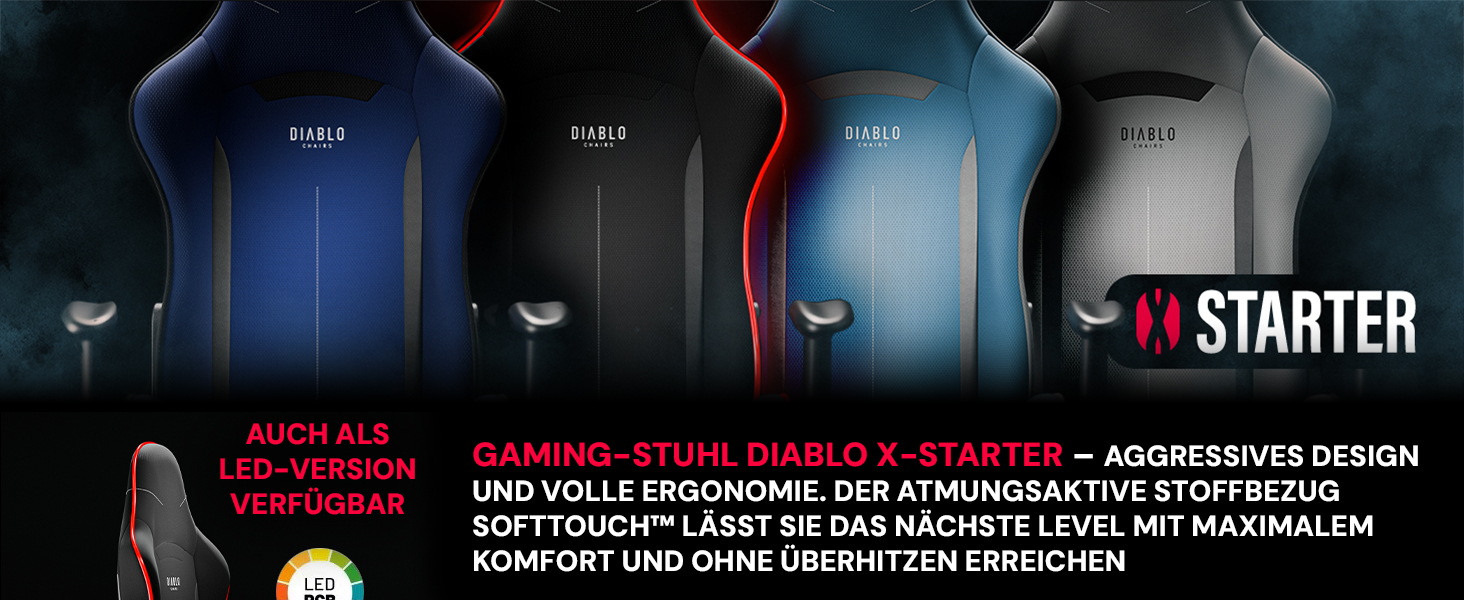 Ігрове крісло Diablo Gamer X-Starter, тканинна оббивка, регульовані підлокітники, ергономічний дизайн, до 136 кг, чорне (LED)