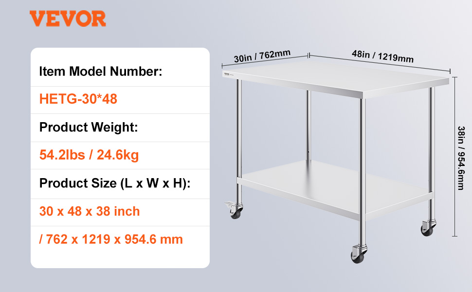 Стол з нержавіючої сталі VEVOR 90x60x85 см, з 4 колесами, регульована висота, для приготування їжі, срібний