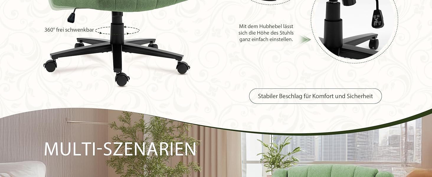 Крісло Vigosit Criss Cross з колесами, регульовані підлокітники, антиковзаюча тканина, комфортна подушка, сучасний стиль, поворотне, для дому, туалетного столика, офісу (Сірий) (Зелений)