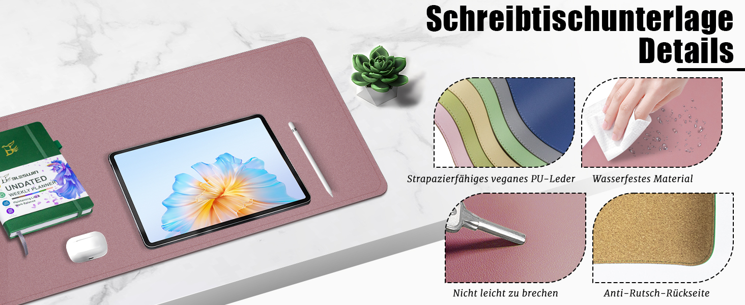 Шкіряний килимок для столу BLESWIN, великий протиковзкий підкладник під мишу та клавіатуру для ноутбука та комп'ютера, офісний настільний мат для письма (90x43 см, рожево-ліловий)