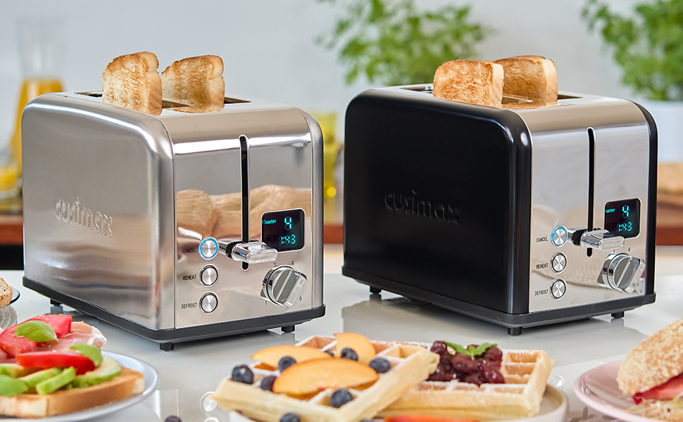 Тостер CUSIMAX на 2 скибки, нержавіюча сталь, LED-дисплей, широкі отвори, 6 режимів обсмаження, функції скасування, підігріву та розморожування, чорний